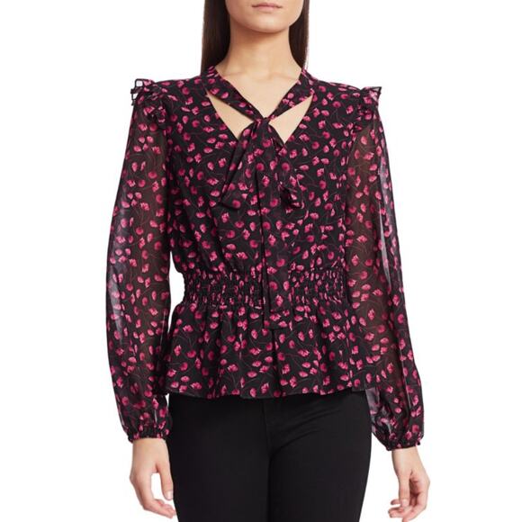 MILLY Floral Ruffle-Trim Tieneck Blouse Black Red Floral Top Size Medium - Picture 1 of 10